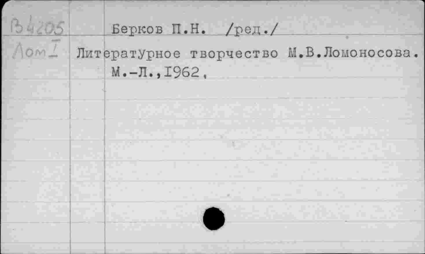 ﻿&Ч :.Л5		Берков П.Н. /ред./
/\ом_		Литературное творчество М.В.Ломоносова. М.-Л.,1962,
		•